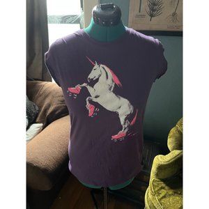 Unicorn on Pink Roller Skates Screenprinted Purple Shirt with Cutoff Sleeves